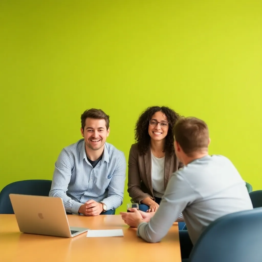 Professionele coach verwelkomt cliënt in lichte, moderne coachingsruimte