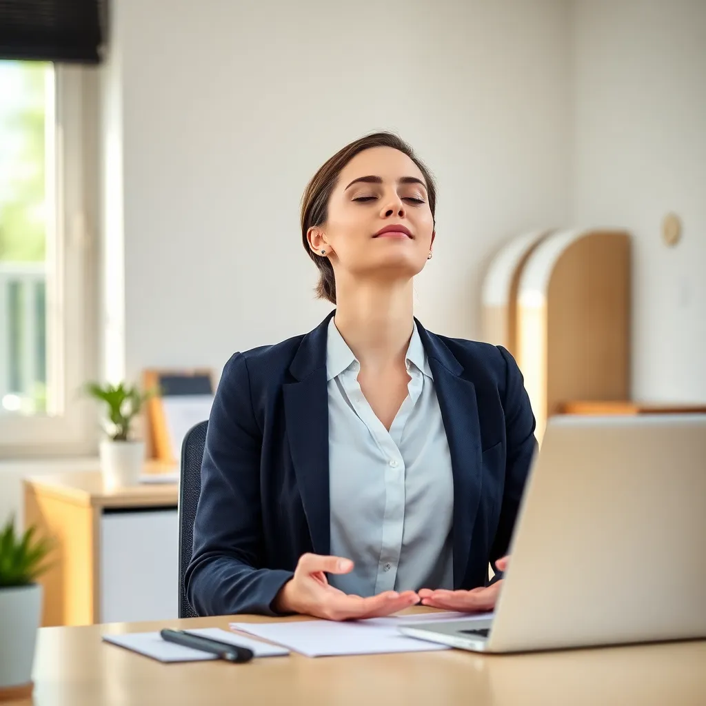 Professional die een korte mindfulness oefening doet op kantoor