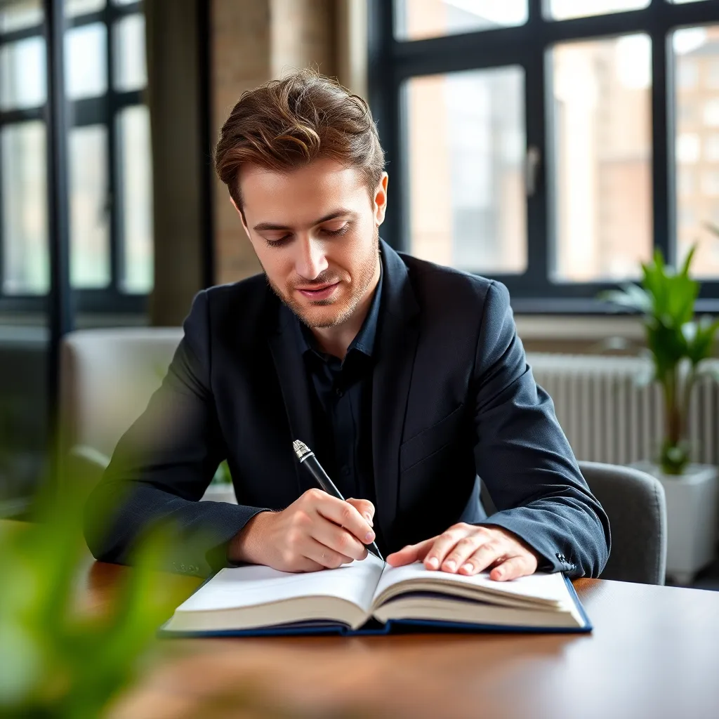 Professional met notitieboek die SMART-doelen opschrijft