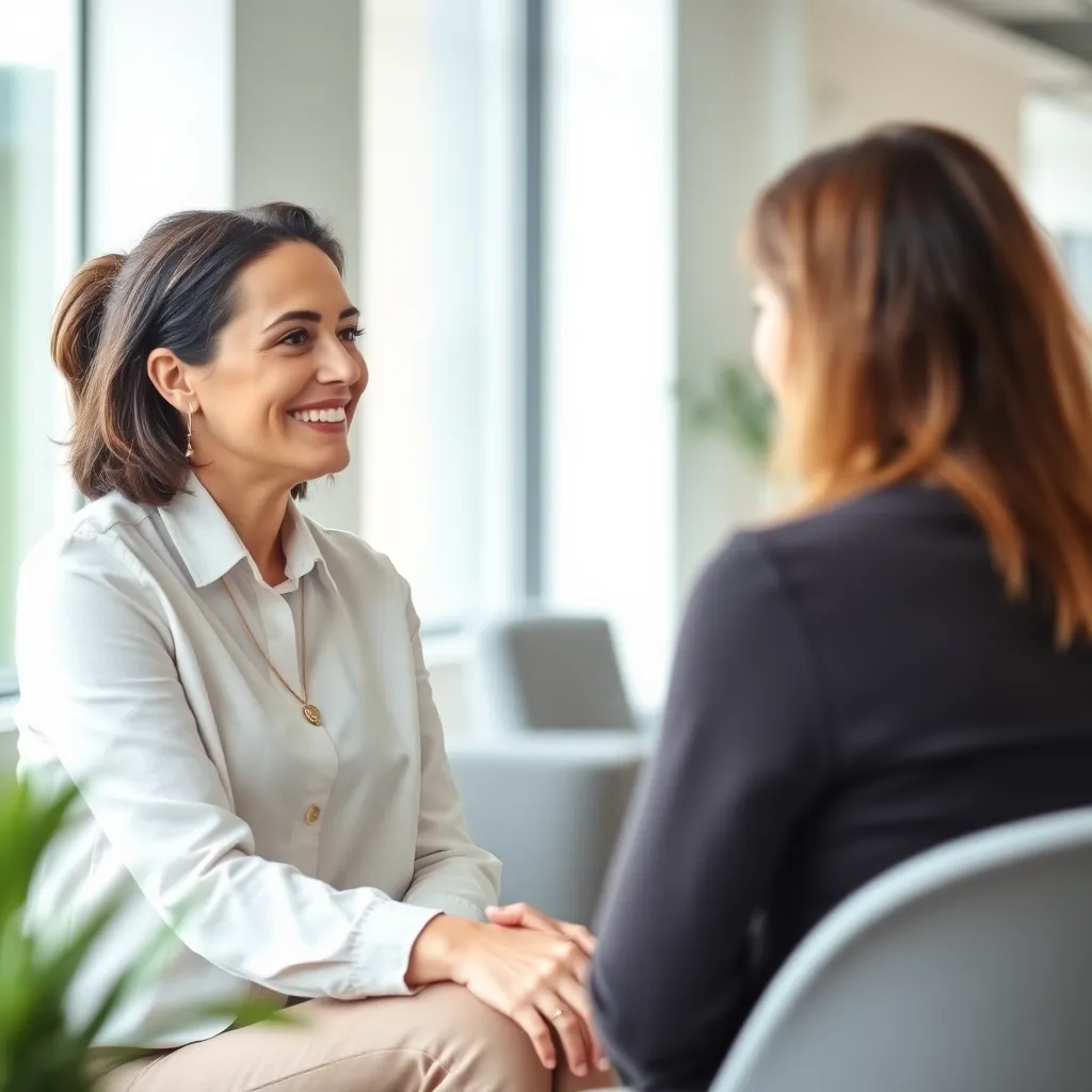 Professionele coach en cliënt in gesprek in lichte ruimte