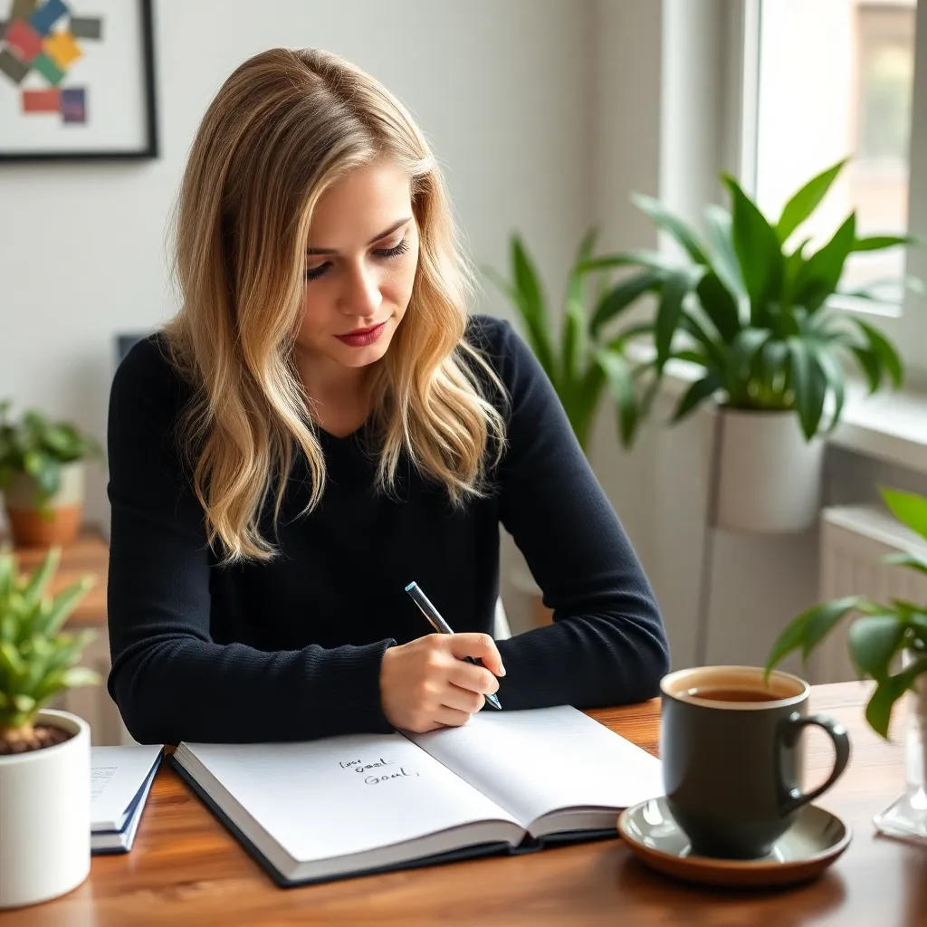 Professionele vrouw die doelen opschrijft in notitieboek
